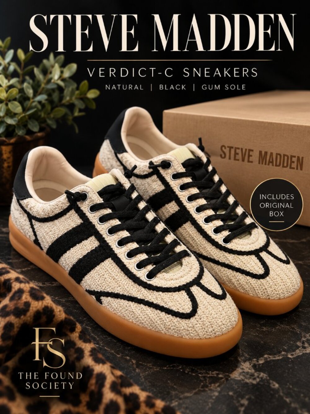 Steve Madden Verdict-C Crochet Sneakers Natural Black Gum Sole Size 8 Box